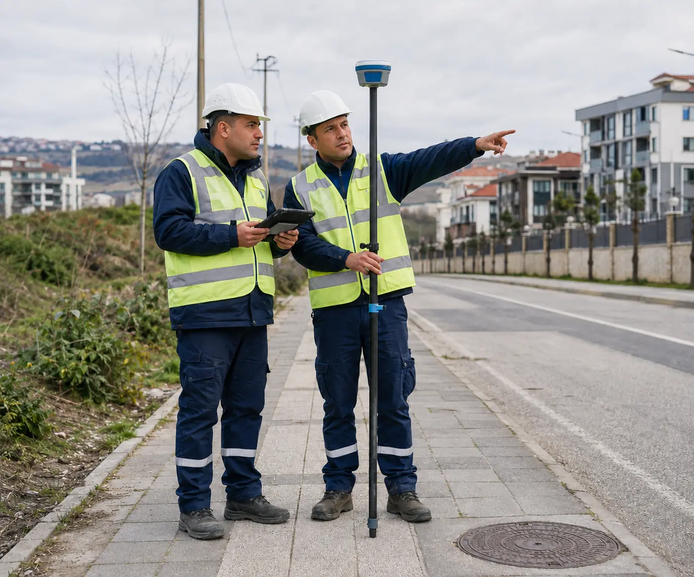 Fiber güzergâhı için GNSS ve tabletle saha keşfi yapan mühendisler