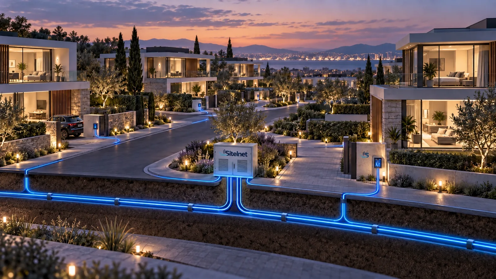 Villa sitesinde fiber dağıtım kabinini kontrol eden teknisyen