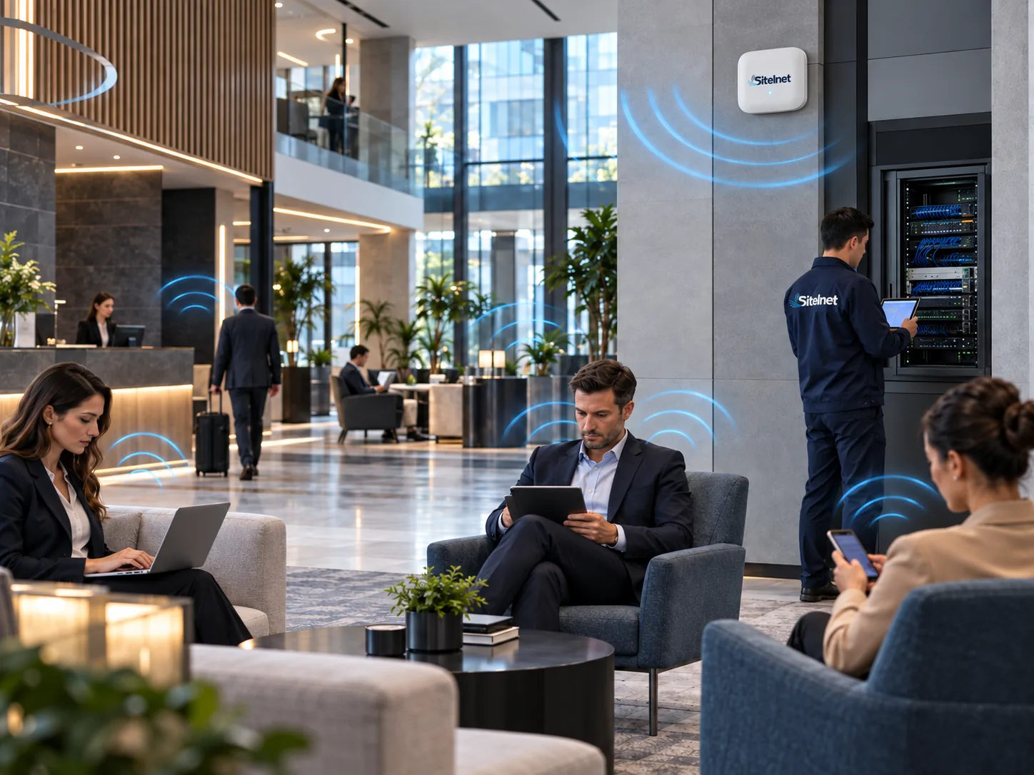 İş merkezi ortak alanında yönetilen Wi-Fi ve kurumsal ağ altyapısı